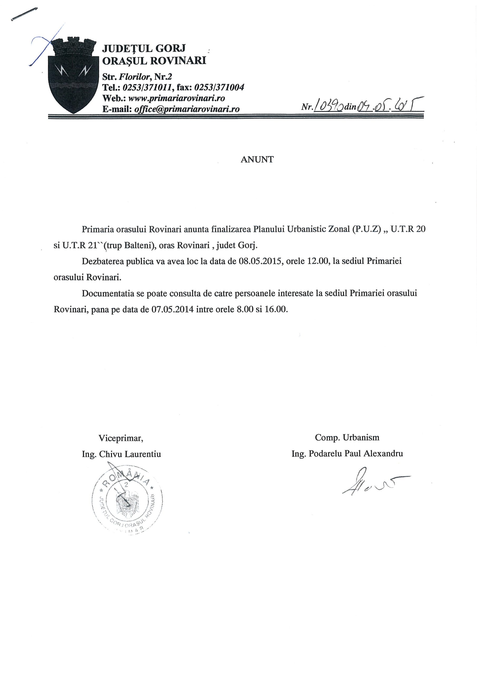 Dezbatere Publica privind Planul Urbanistic Zonal Rovinari