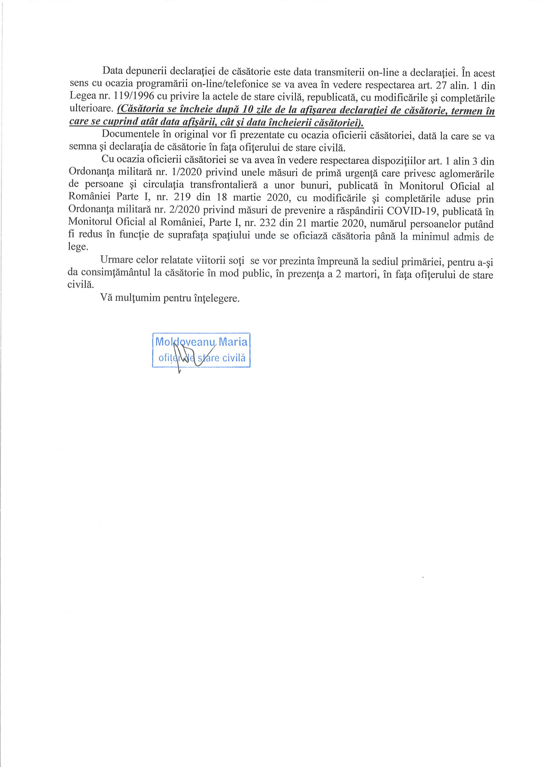 Anunț privind depunerea declarației de căsătorie/declararea decesului în contextul prevenirii extinderii coronavirus sars cov 2