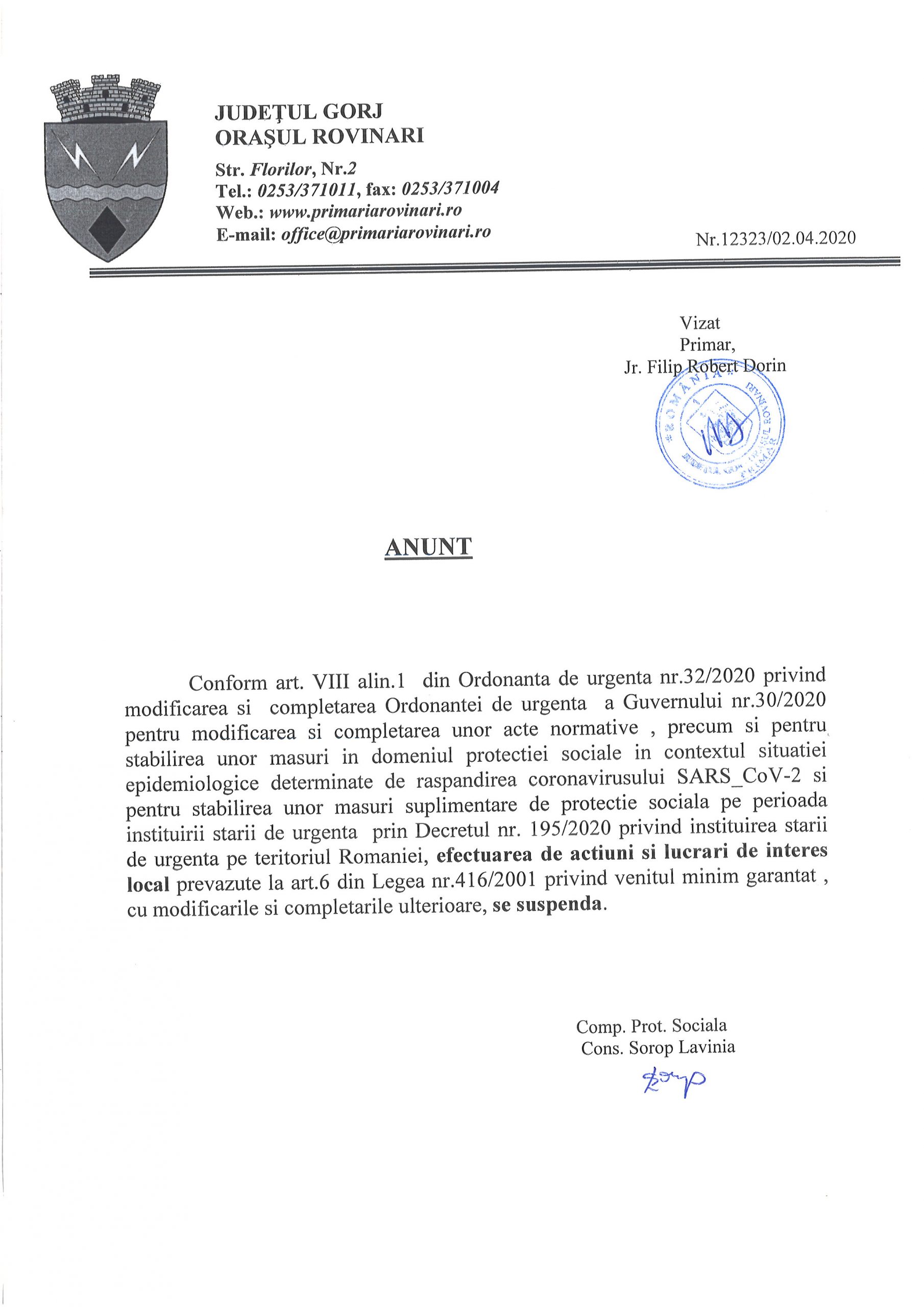anunț privind suspendarea de acțiuni și lucrări de interes public în baza legii416/2001