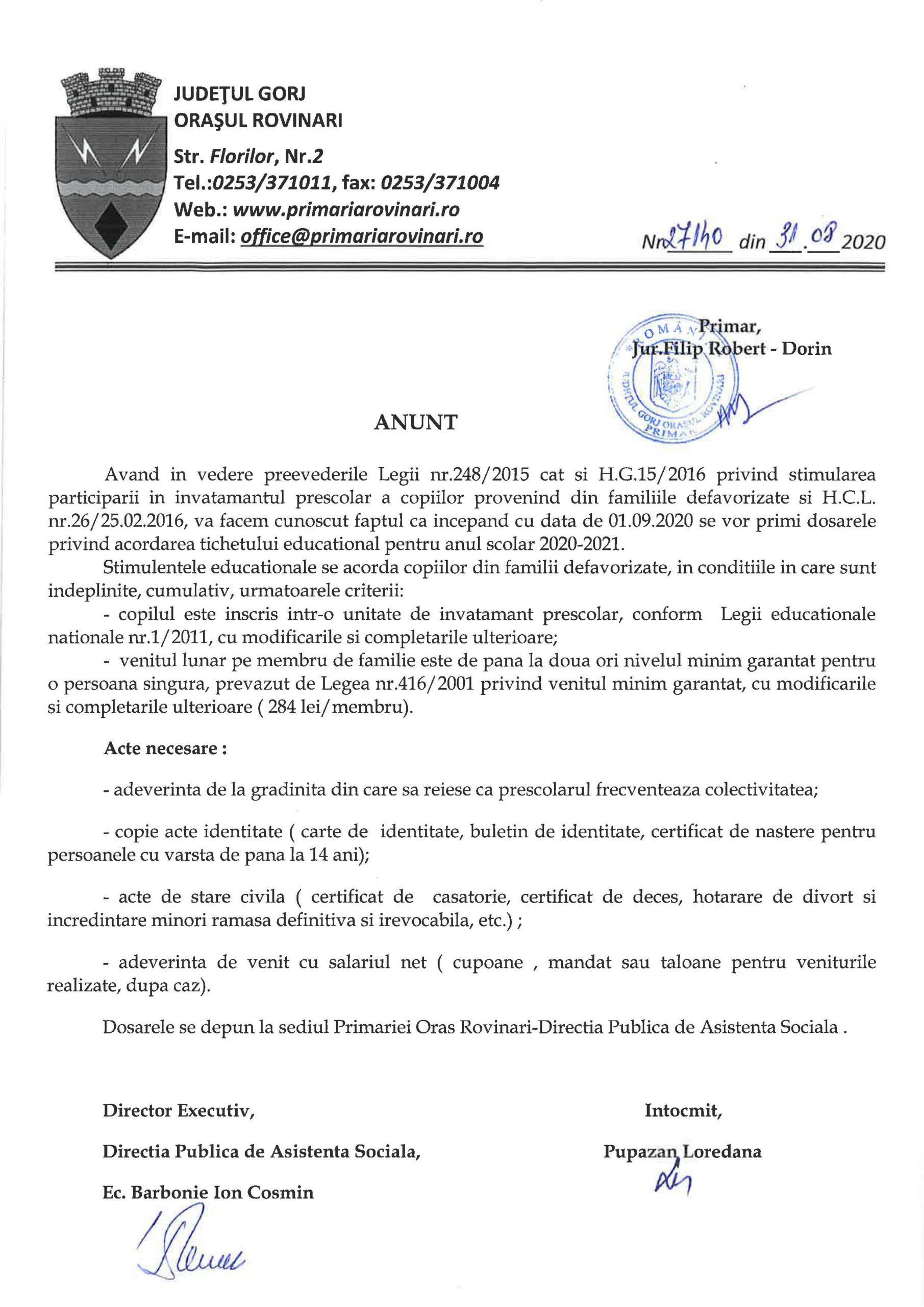 Anunț privind acordarea de stimulente educaționale copiilor din familii defavorizate