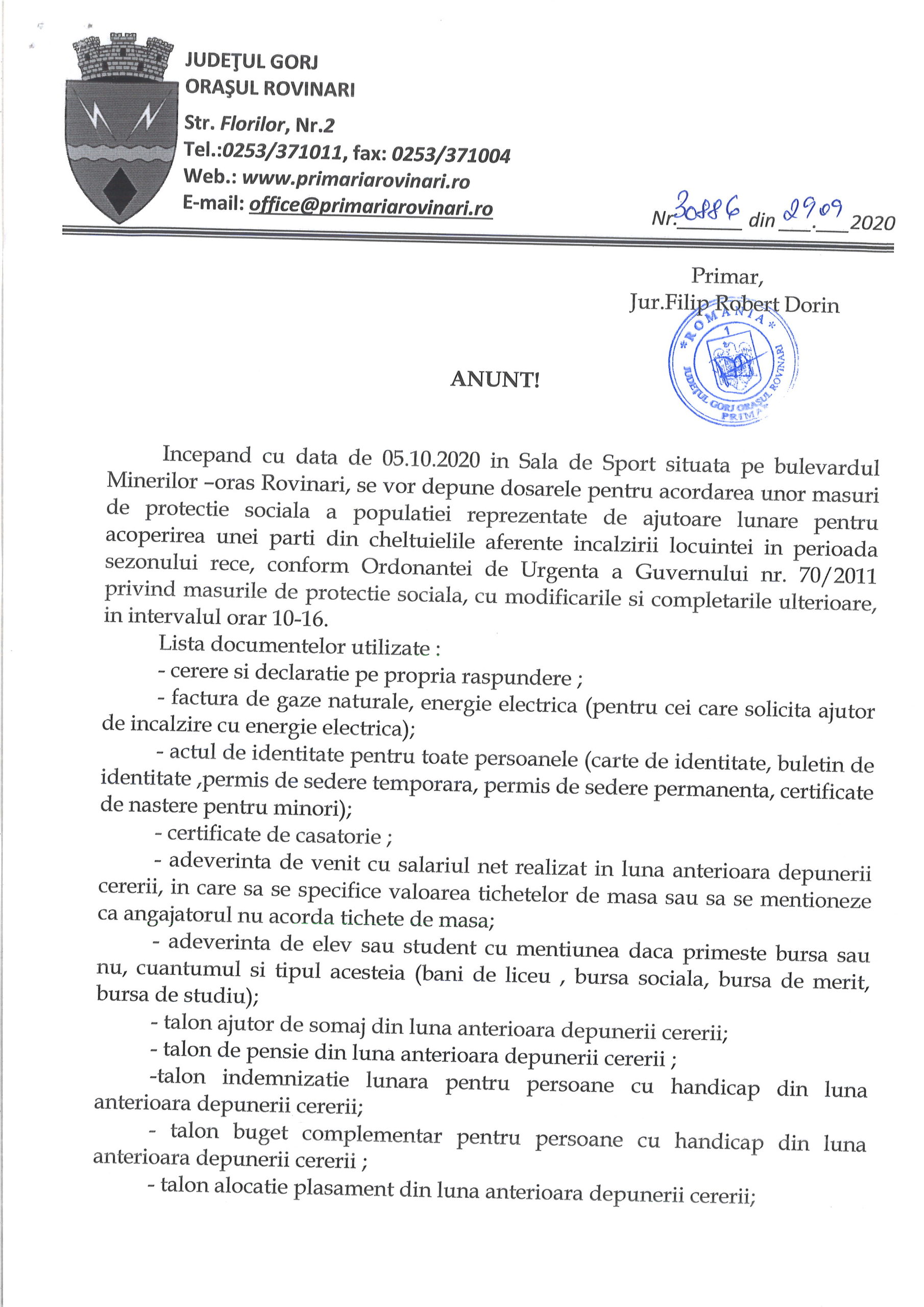 Anunț privind depunerea documentelor necesare acordării ajutorului de încălzire pentru sezonul rece 2020-2021