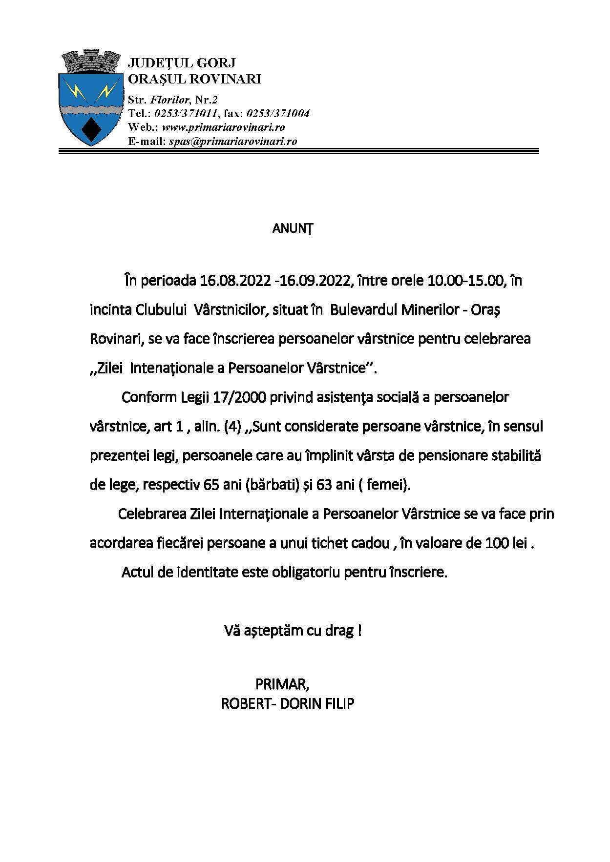 ANUNȚ PRIVIND ACORDAREA DE TICHETE CADOU CU OCAZIA ZILEI INTERNAȚIONALE A PERSOANELOR VÂRSTNICE