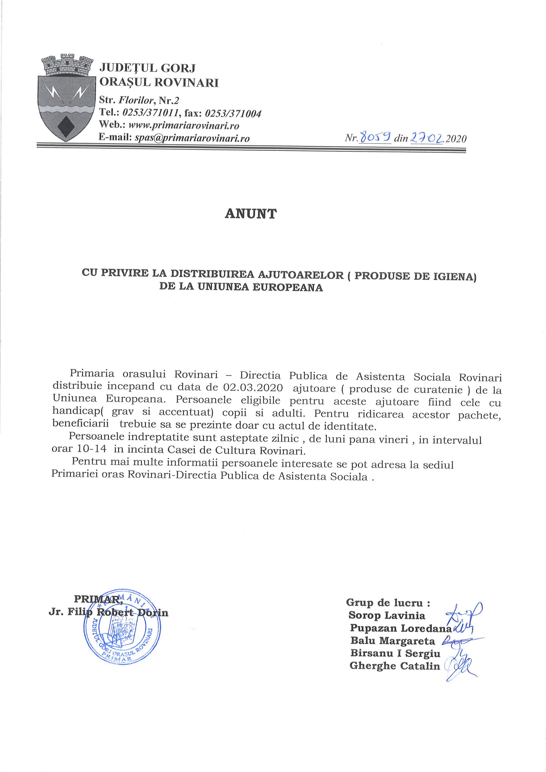 ANUNȚ CU PRIVIRE LA DISTRIBUIREA AJUTOARELOR (PRODUSE DE IGIENĂ)  DE LA UNIUNEA EUROPEANĂ