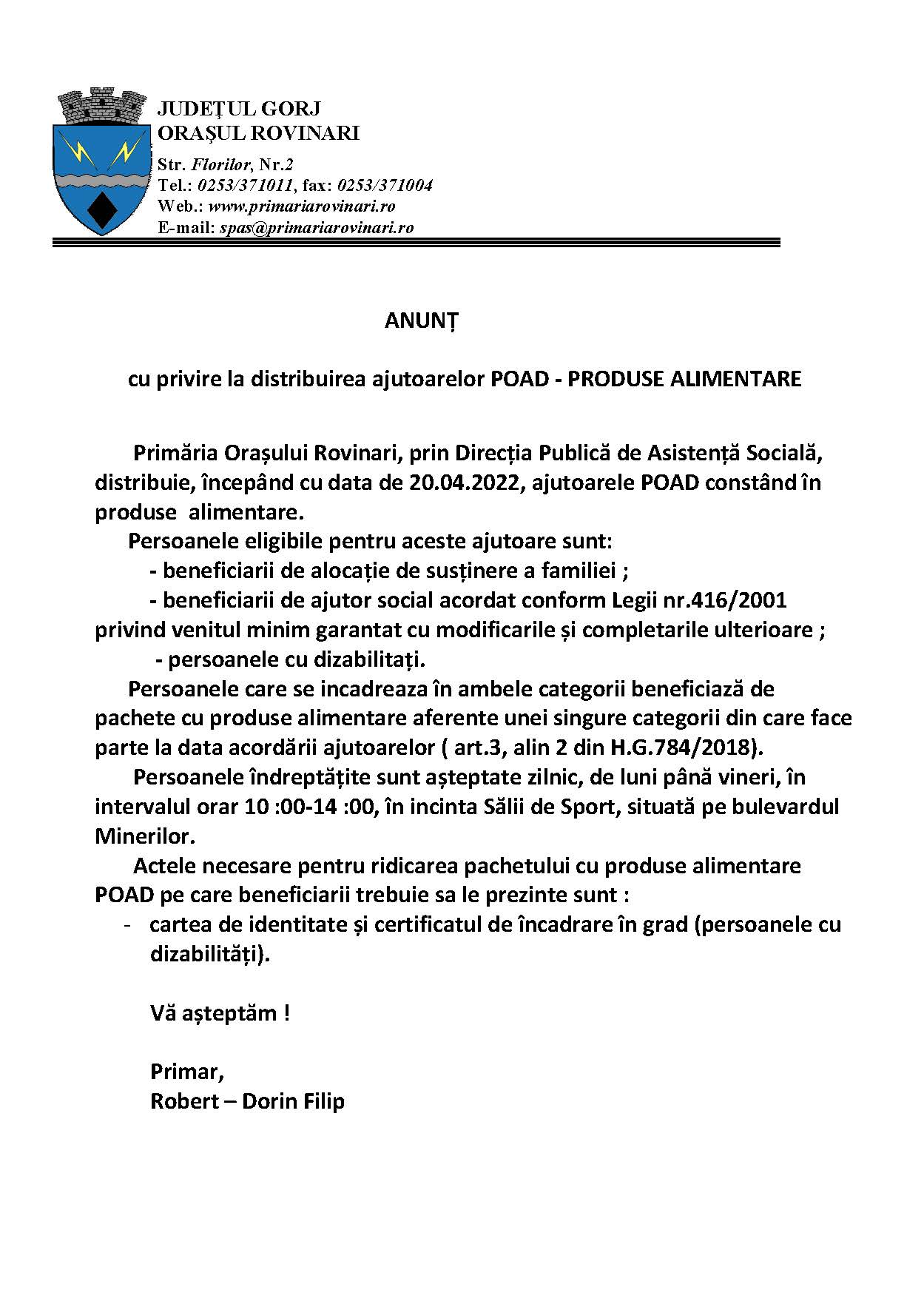 ANUNȚ cu privire la distribuirea ajutoarelor POAD – PRODUSE ALIMENTARE