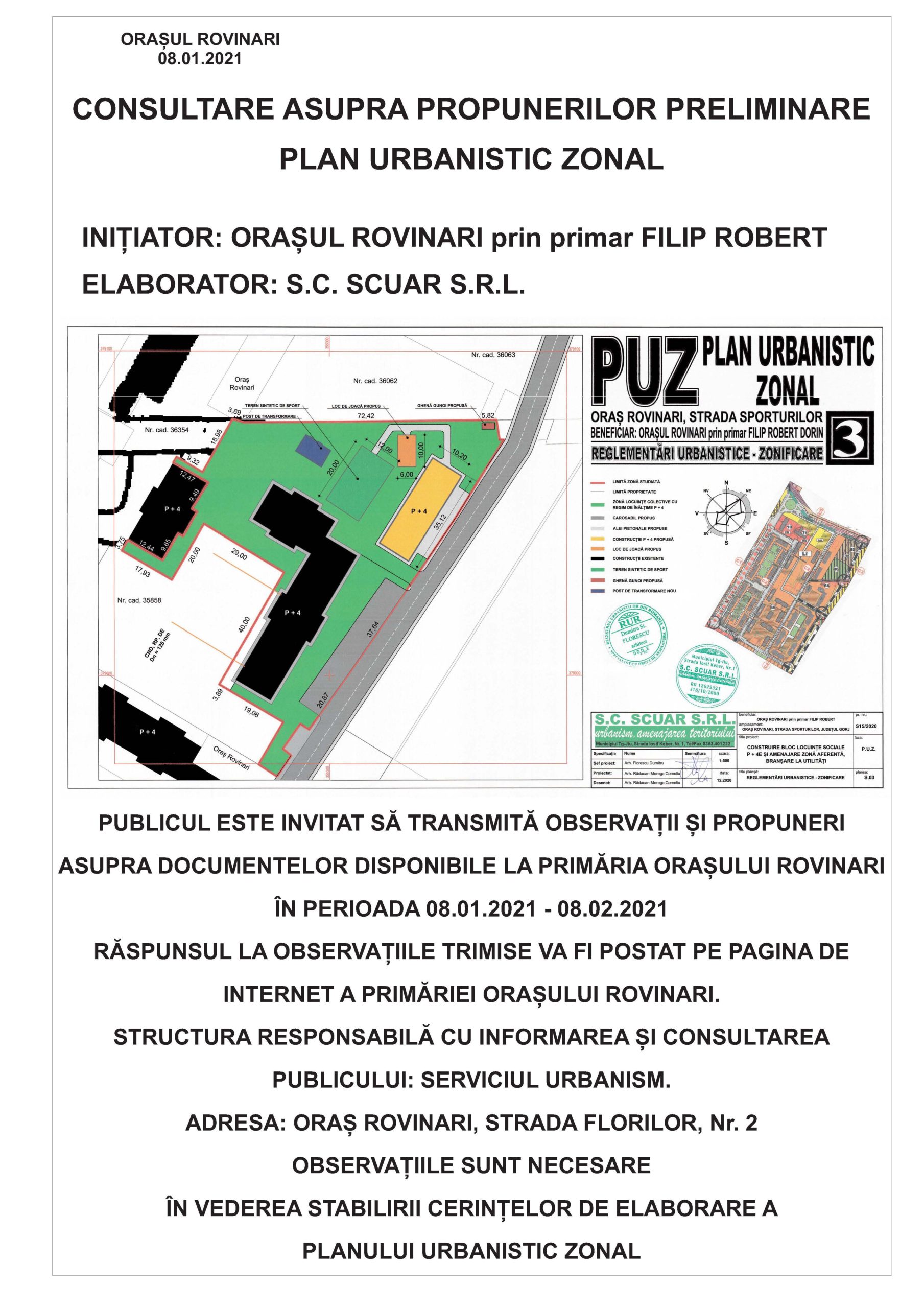 Anunț de consultare asupra propunerilor preliminare Plan Urbanistic Zonal pentru construire bloc de locuințe P+4 E și amenajare zonă aferentă, branșare utilități, oraș Rovinari, strada Sporturilor, județul Gorj.