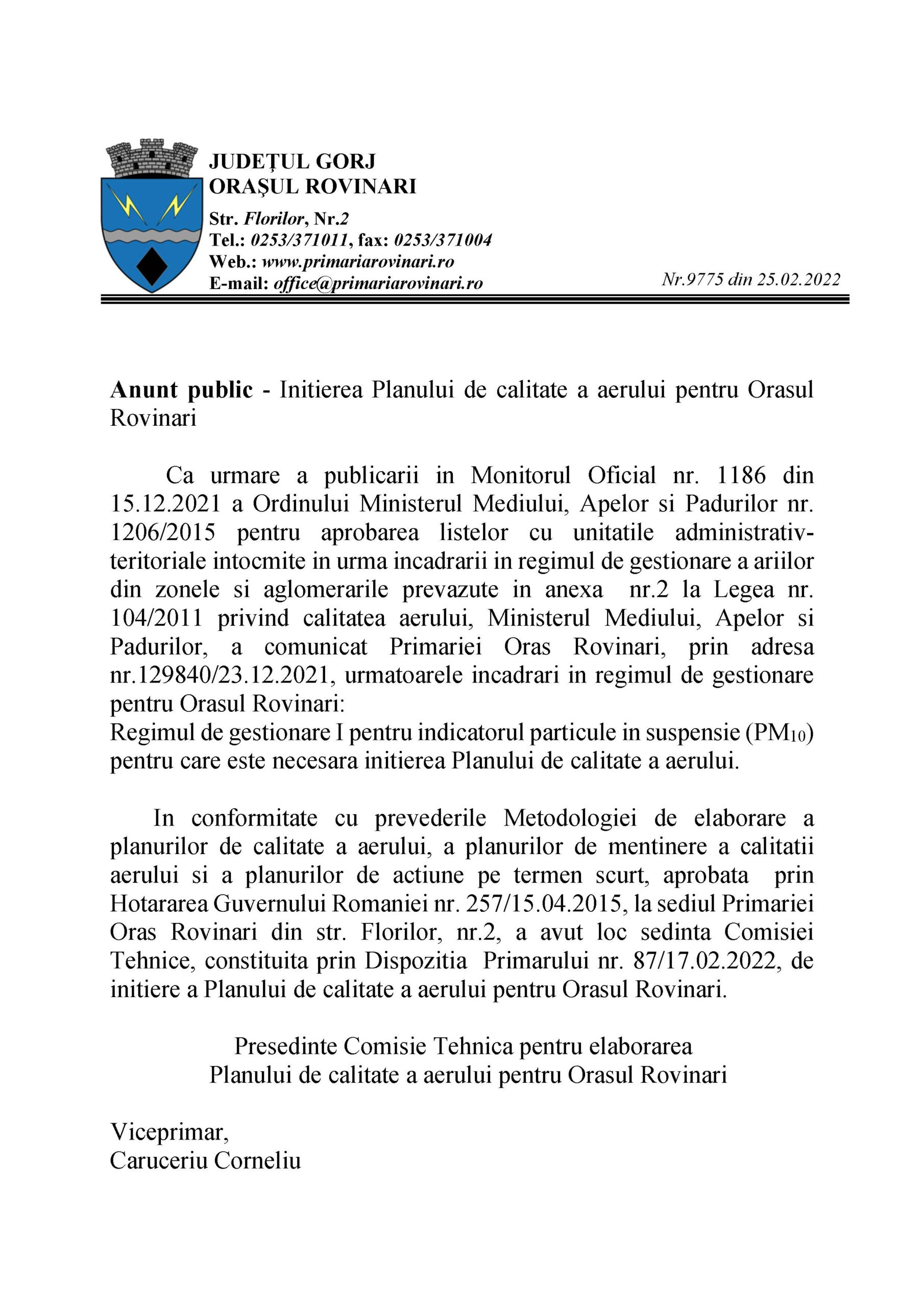 Anunț public – inițierea planului de calitate a aerului pentru orasul rovinari