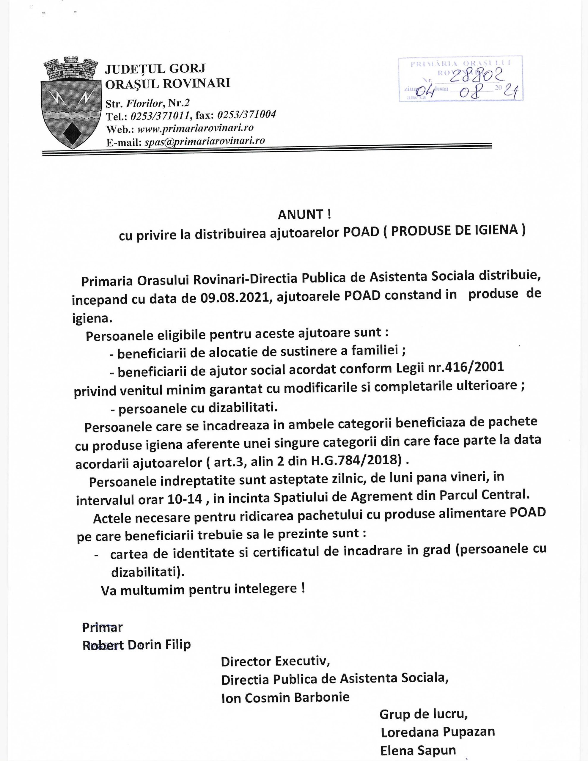 anunț cu privire la distribuirea produselor POAD (produse de igienă)