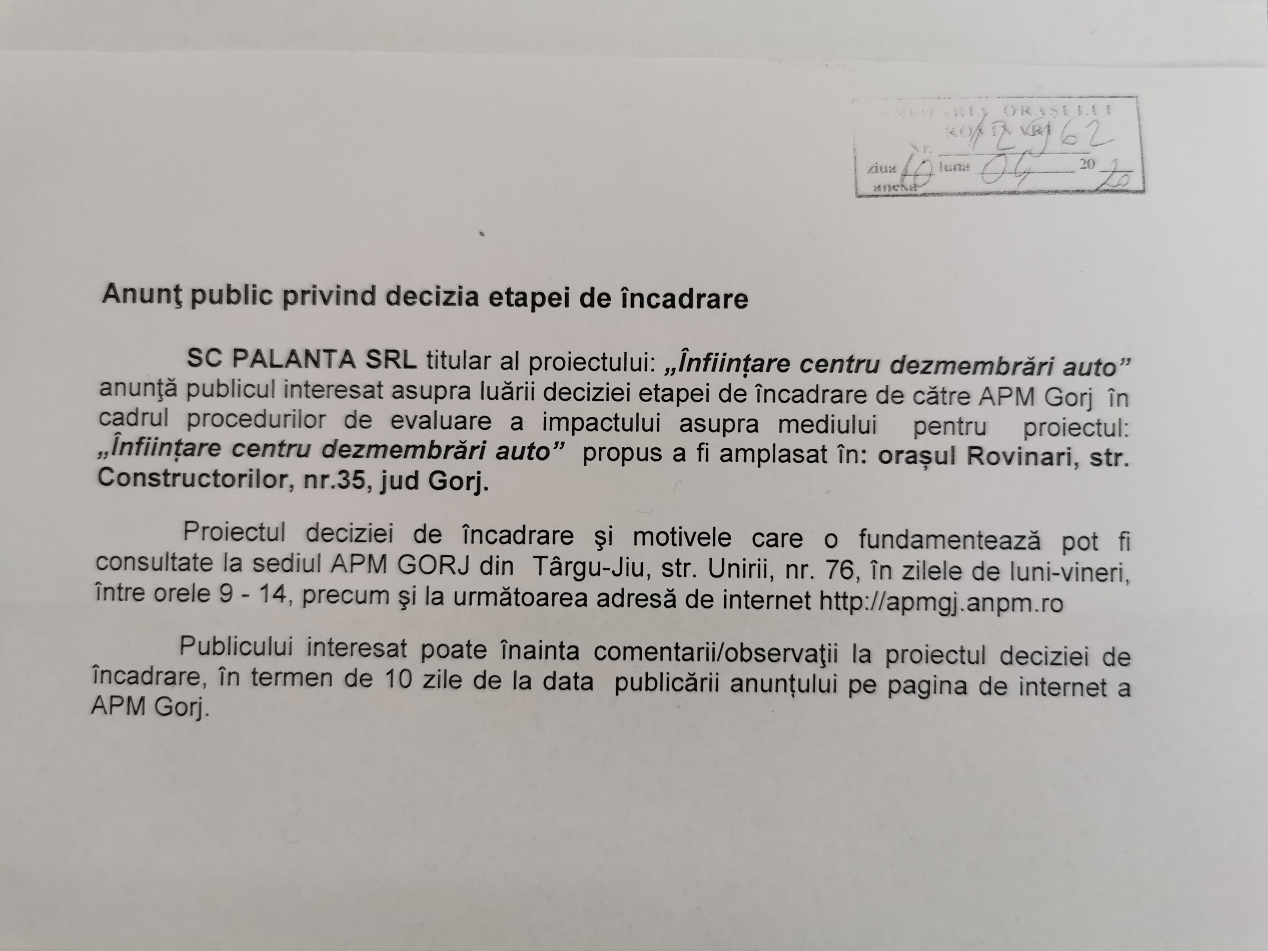 Anunț public privind decizia etapei de încadrare