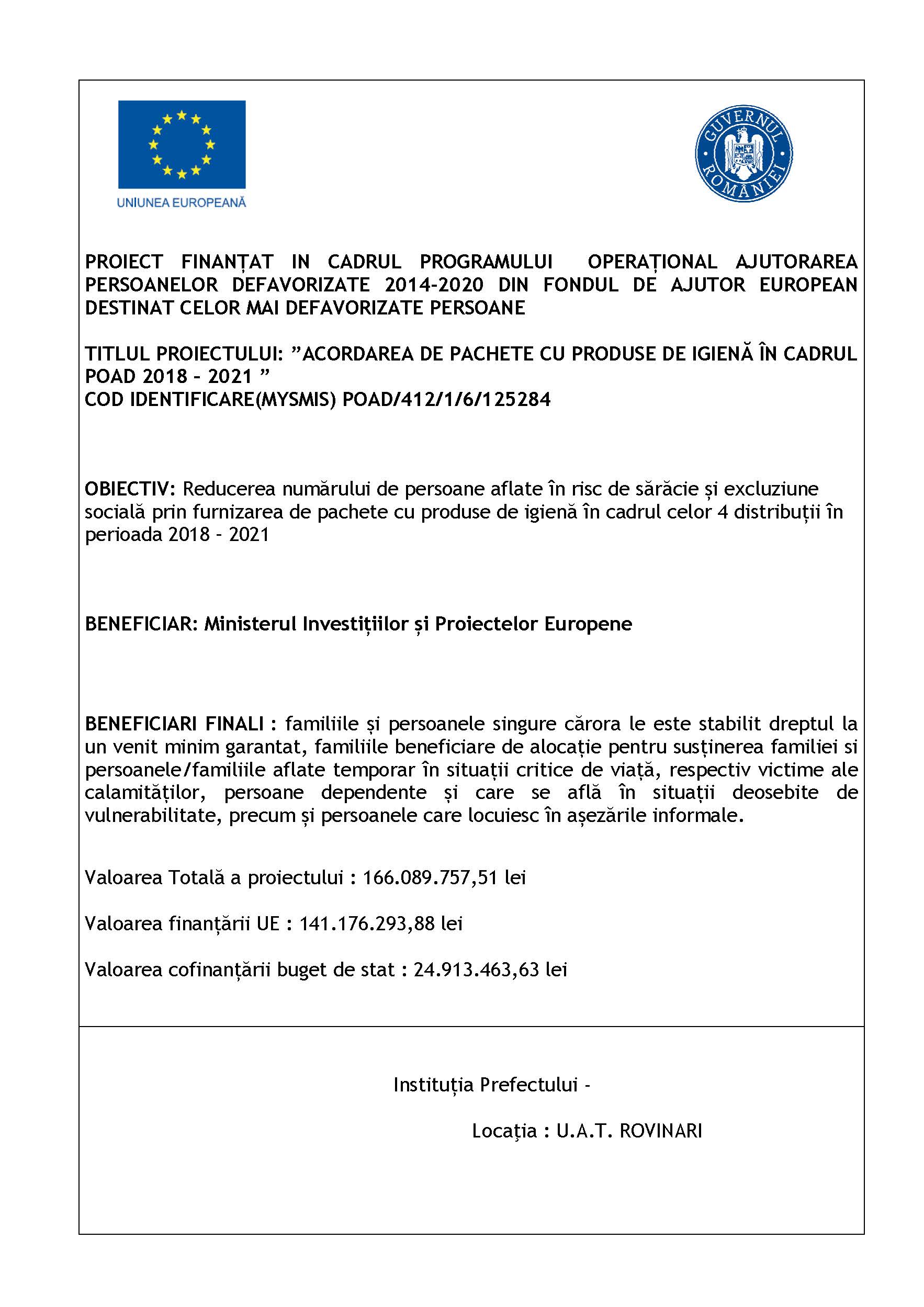ANUNȚ PROIECT – ”ACORDAREA DE PACHETE CU PRODUSE DE IGIENĂ ÎN CADRUL POAD 2018 – 2021 ”
