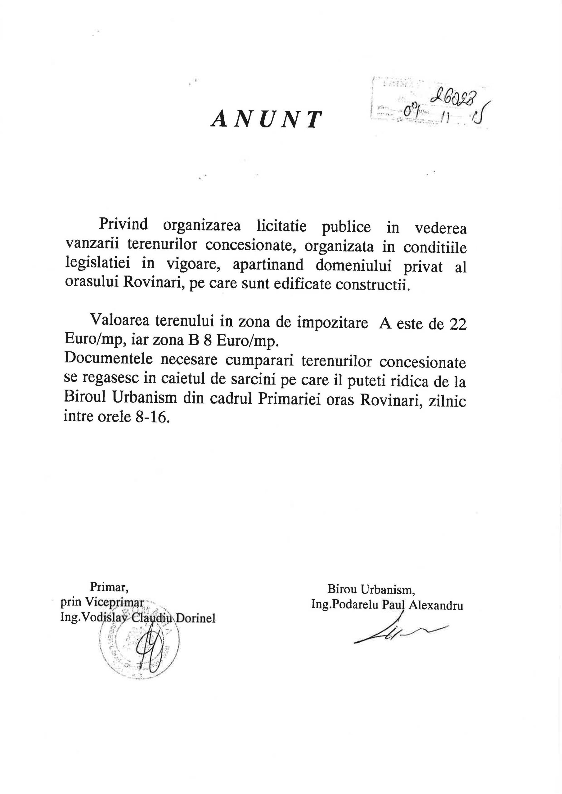 Anunţ privind licitaţia publică pentru vânzarea terenurilor concesionate