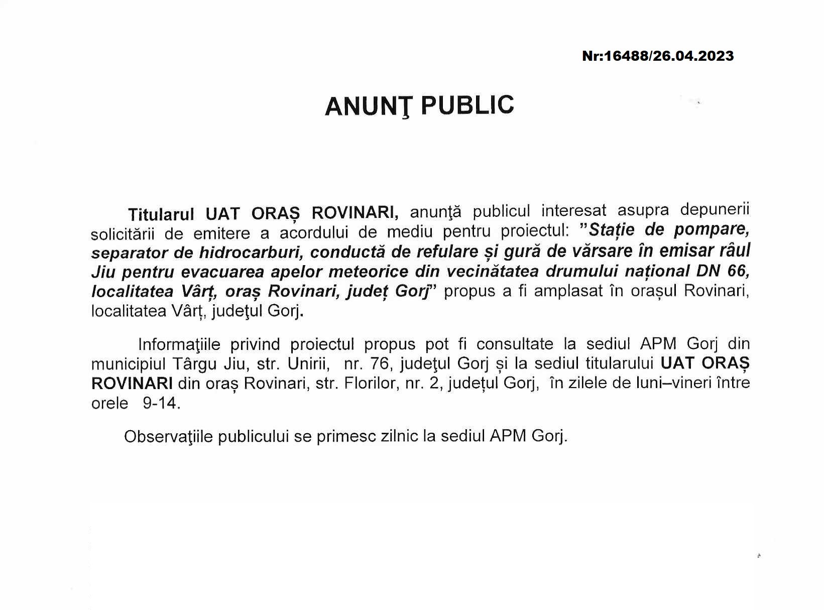 Anunț solicitare emitere acord de mediu