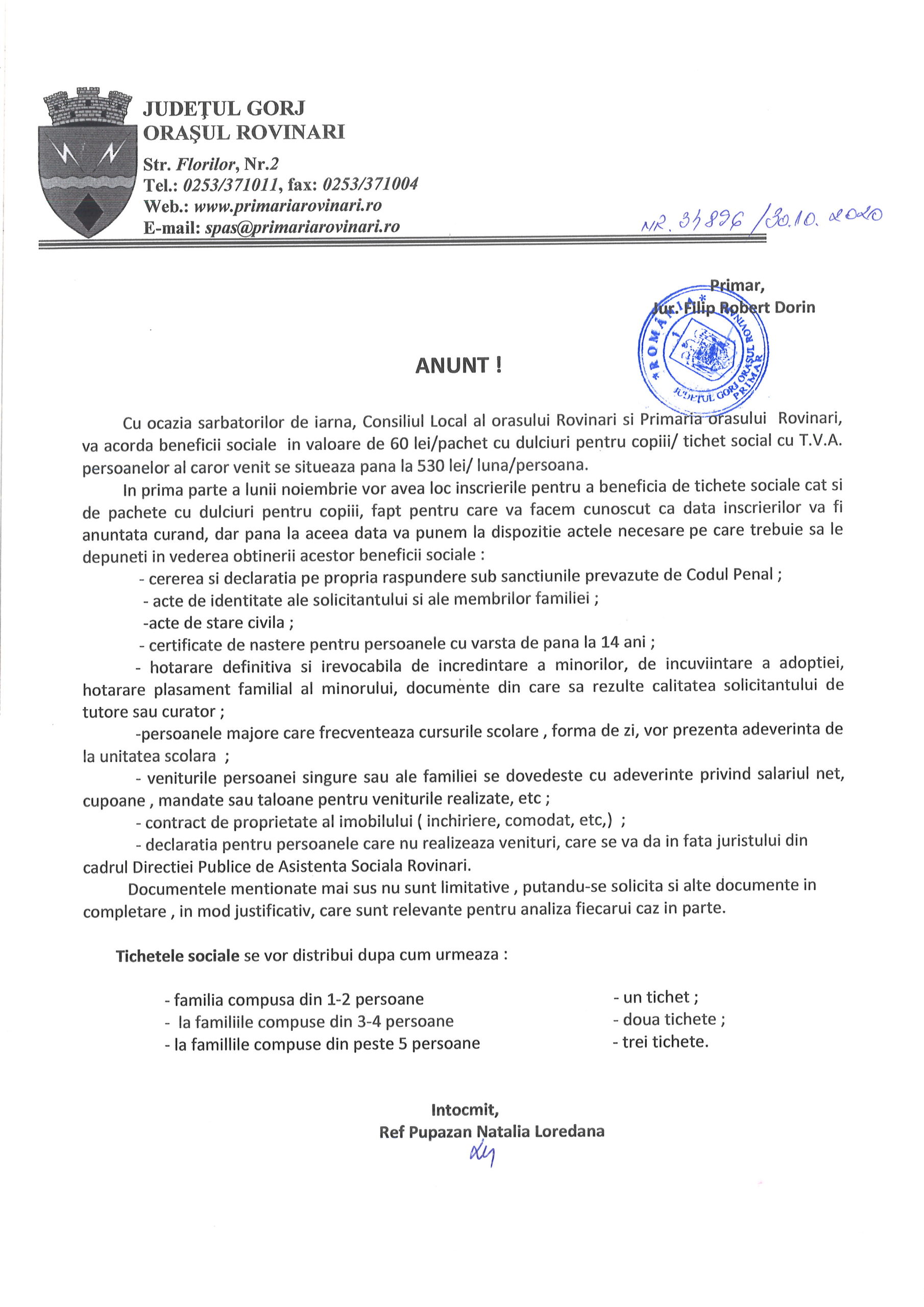 ANUNȚ PRIVIND ACORDAREA DE TICHETE SOCIALE CU OCAZIA SĂRBĂTORILOR DE IARNĂ