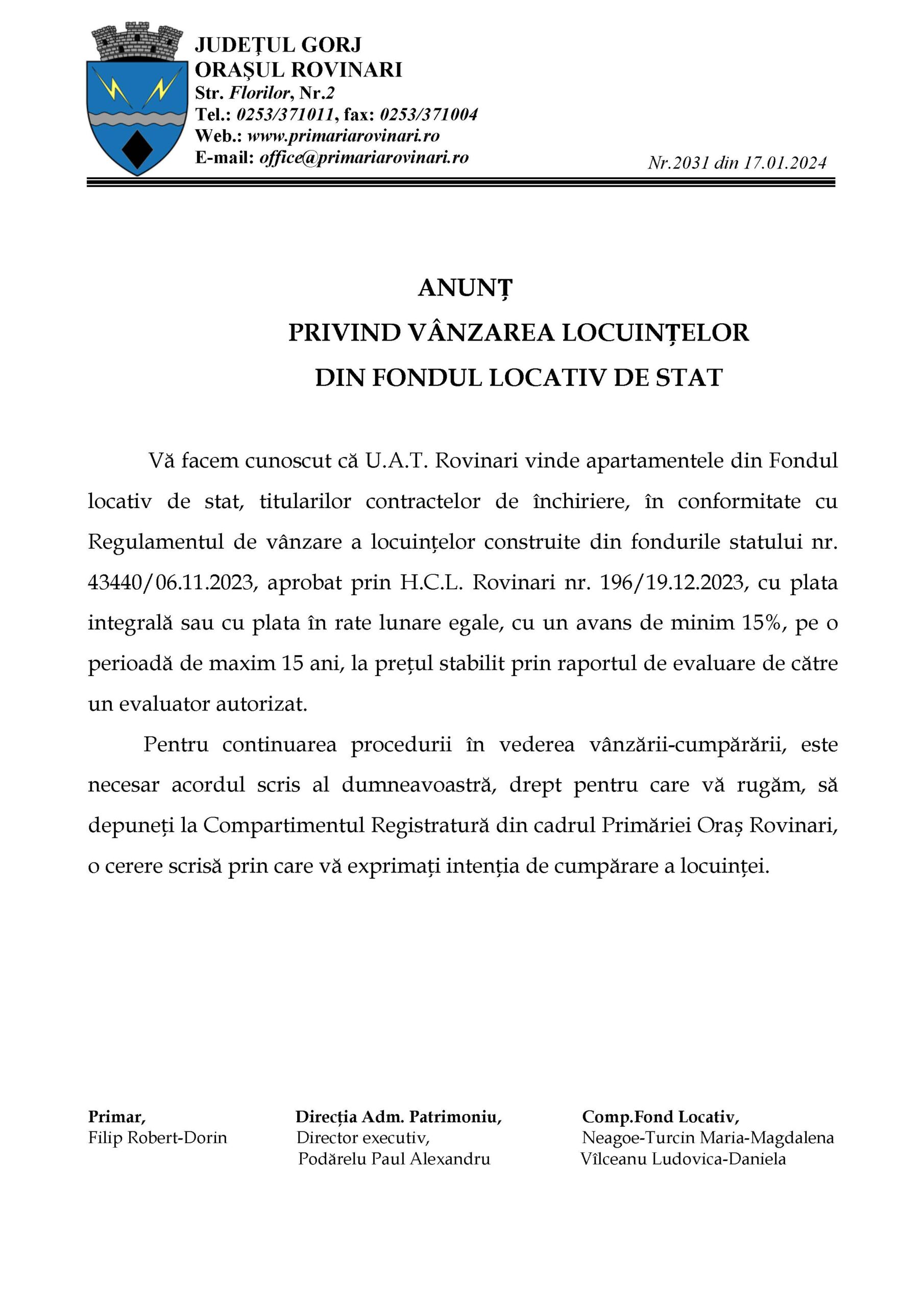 ANUNȚ  PRIVIND VÂNZAREA LOCUINȚELOR DIN FONDUL LOCATIV DE STAT