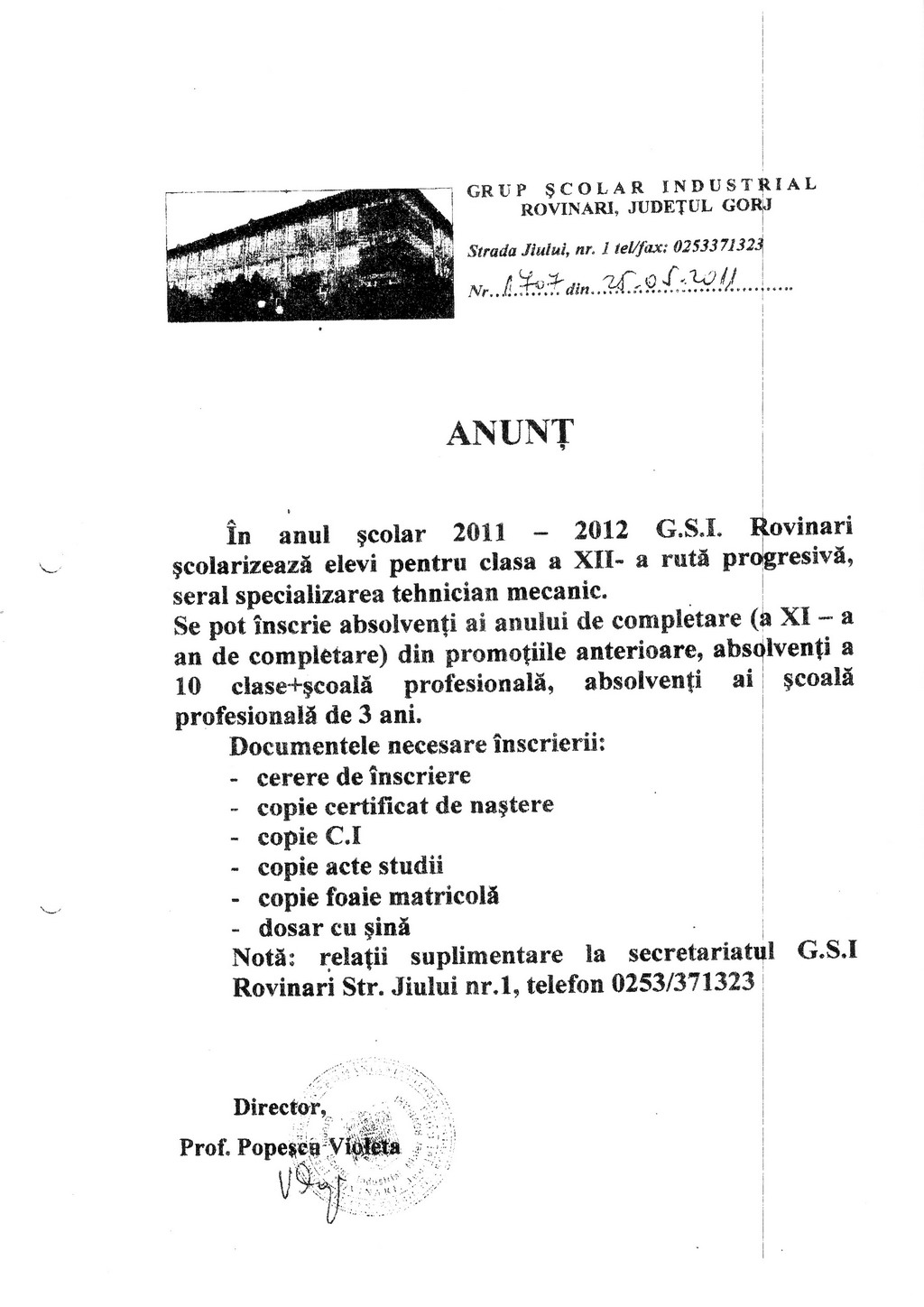 GSI Rovinari şcolarizează elevi la seral profilul tehnician mecanic