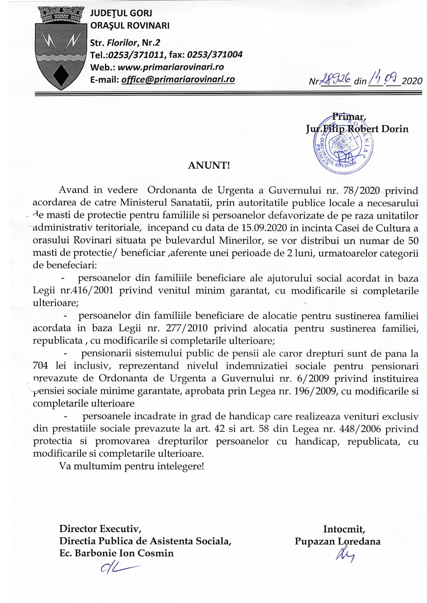 Anunț privind distribuirea măștilor de protecție conform O.U.G nr. 78/2020